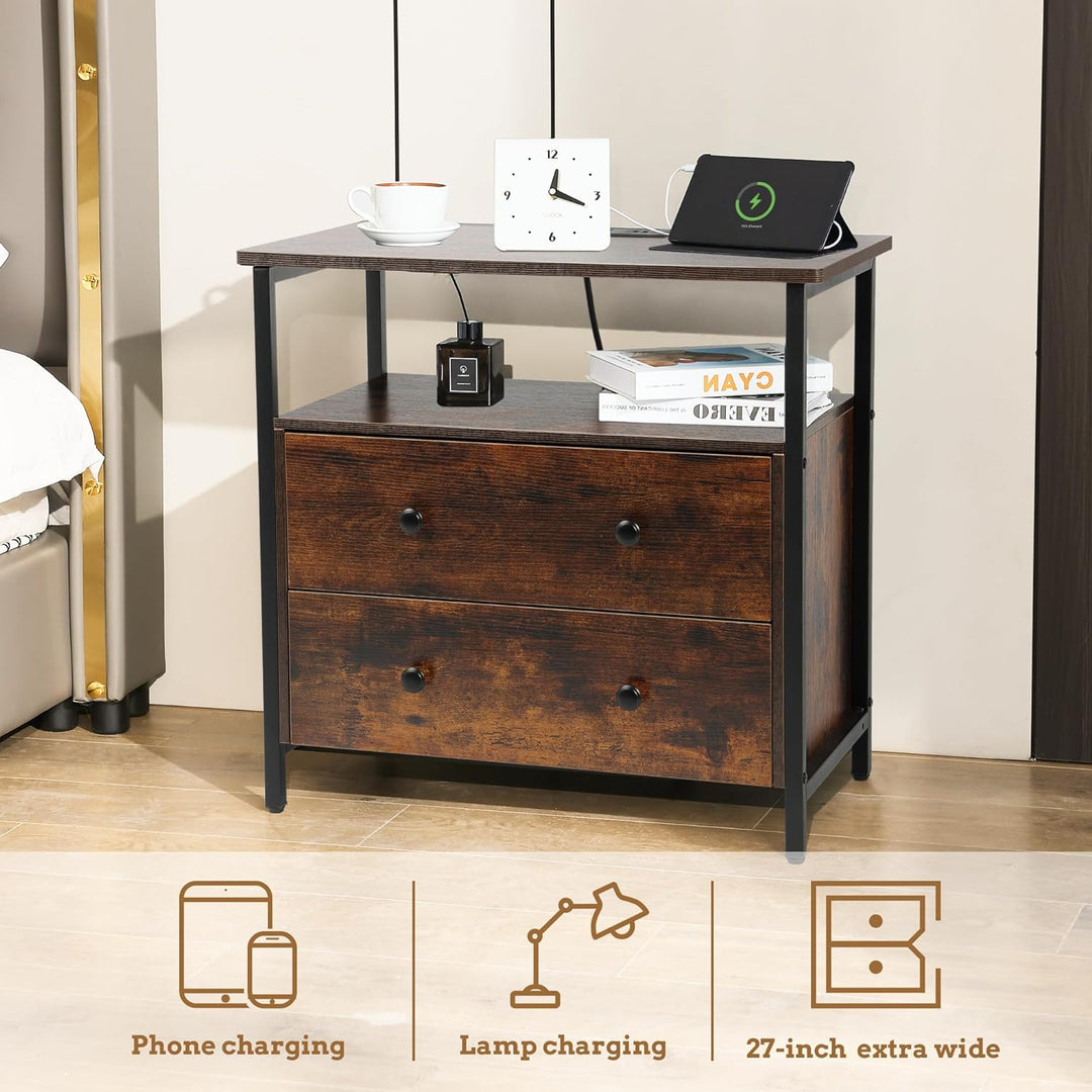 27" Nightstand w/ Charging Station, 2 Drawers