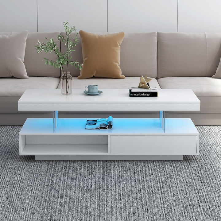 Polibi Modern LED Coffee Table with Storage, 2 Drawers, White