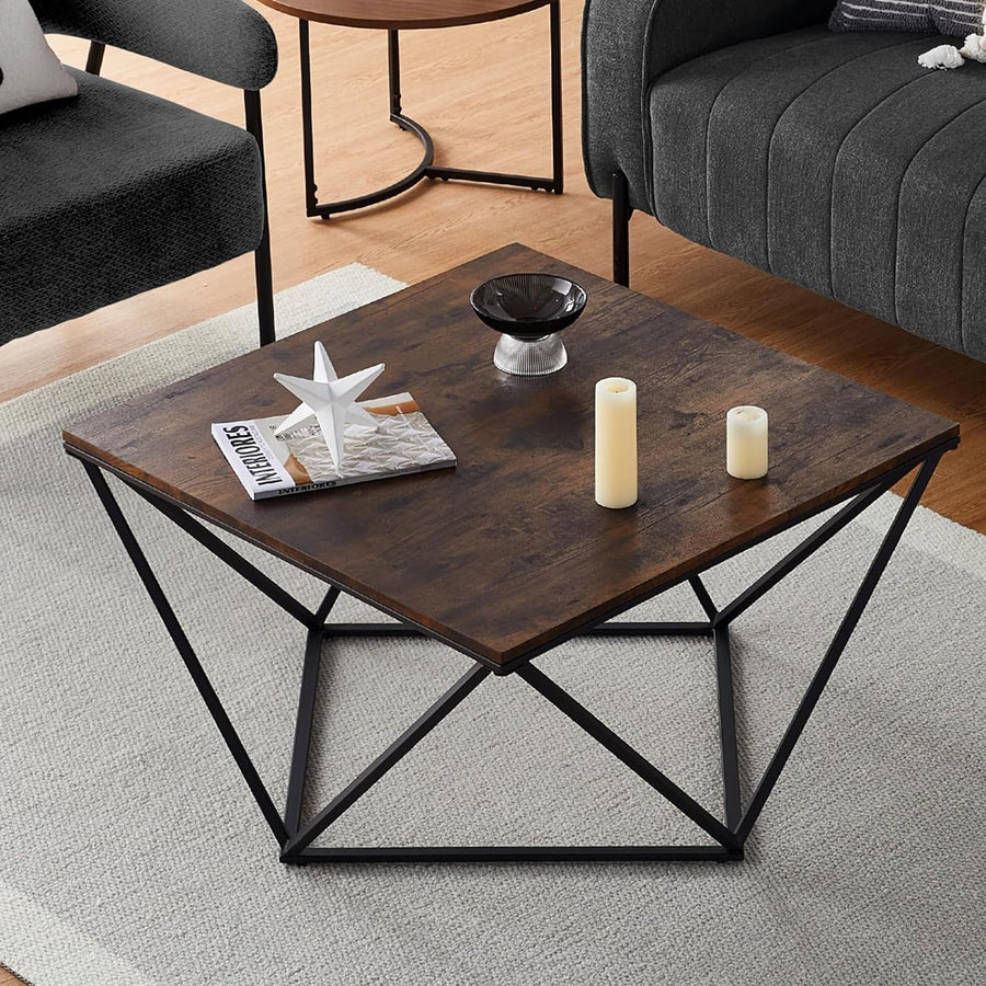 Rustic Square Coffee Table, Modern Industrial Style, Wooden Top, Metal Frame, Rustic Brown