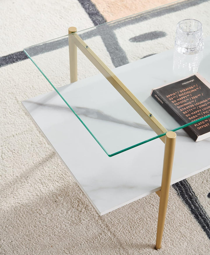 Elegant Glass Coffee Table, Double Layer Design, Gold Frame