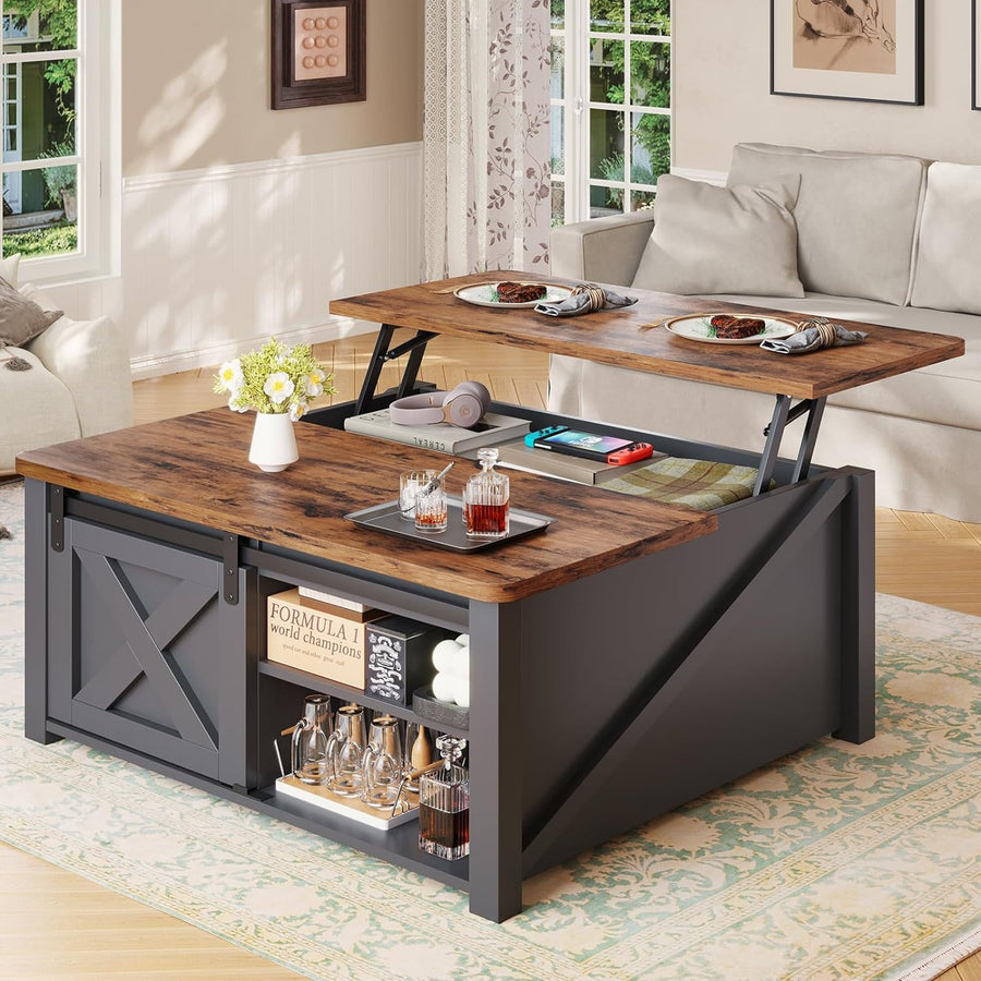 Lift Top Coffee Table with Hidden Storage, Adjustable Shelves, Black