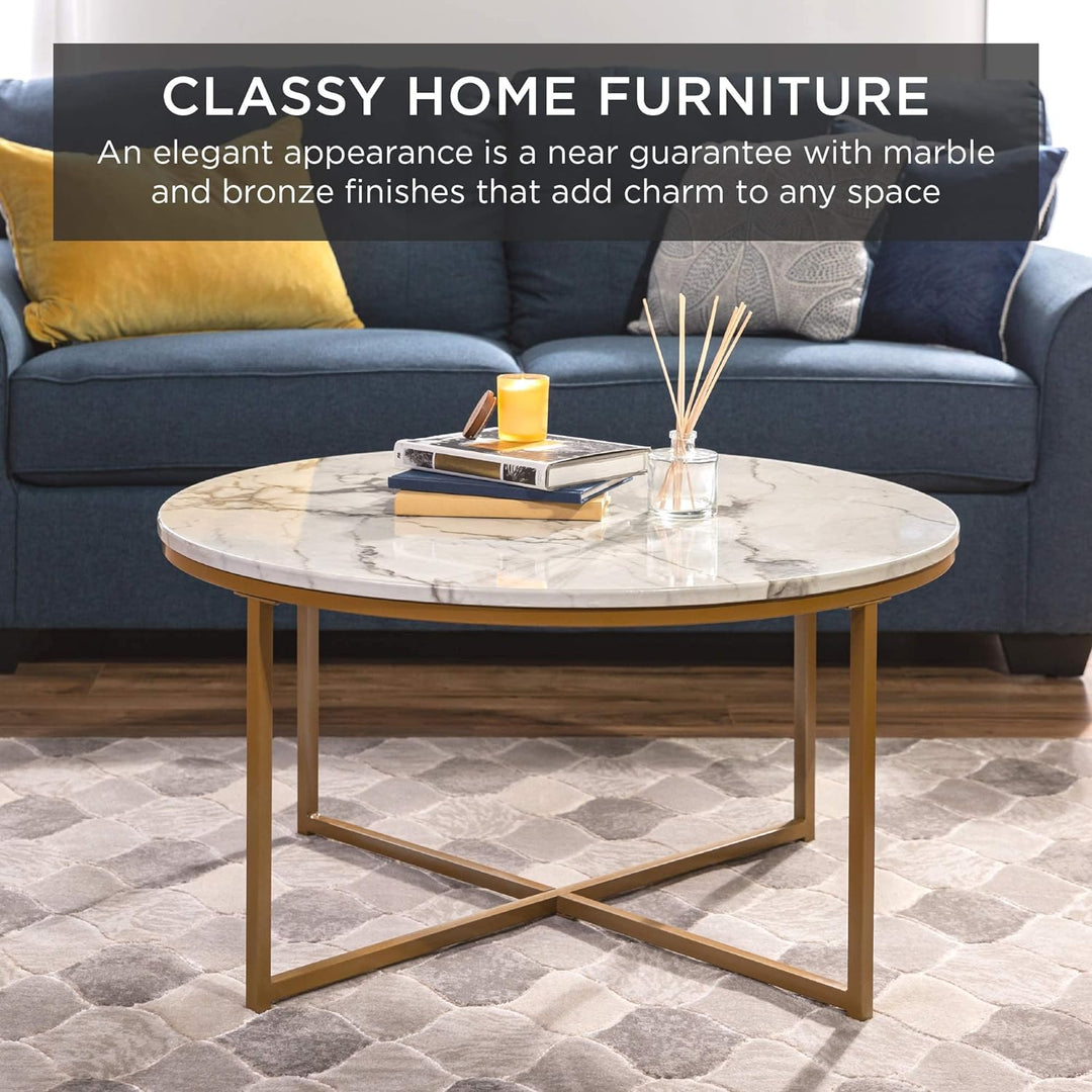 Faux Marble Accent Table, Modern End Table - White/Gold