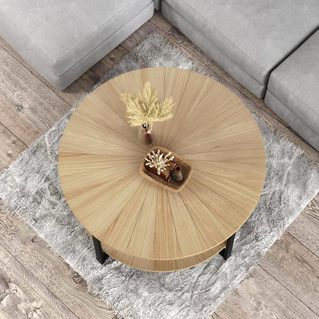 Round Wood Coffee Table with Storage Open Shelf, Light Brown