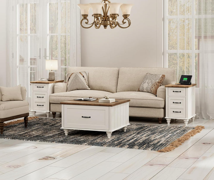 Farmhouse Coffee Table with Storage, Square Lift Top Center Table, White