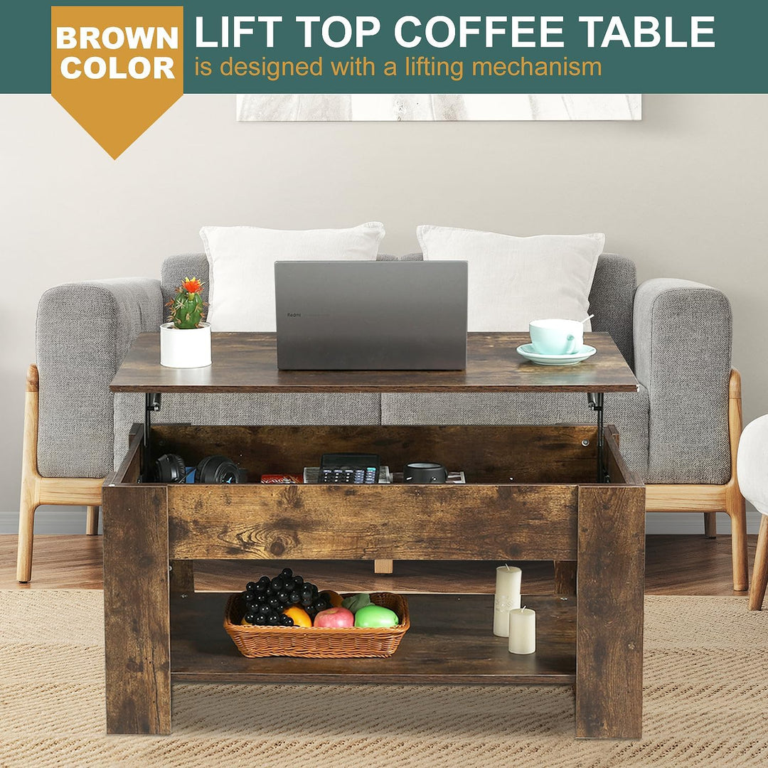 Lift Top Coffee Table with Hidden Storage, Wooden Dining Table, Brown