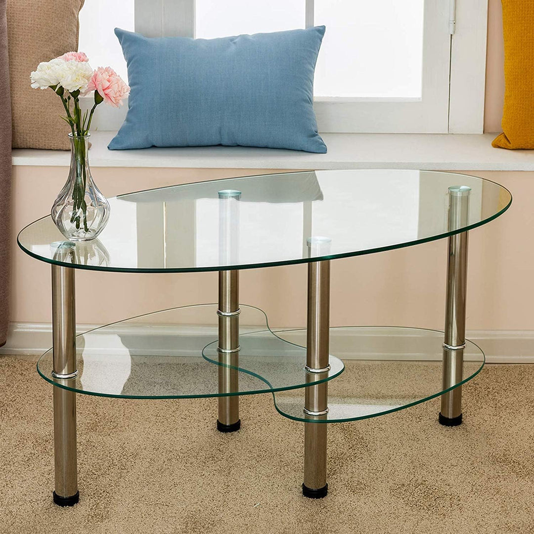 Oval Glass Top Coffee Tables, Tempered Glass & Chrome Legs (Clear)