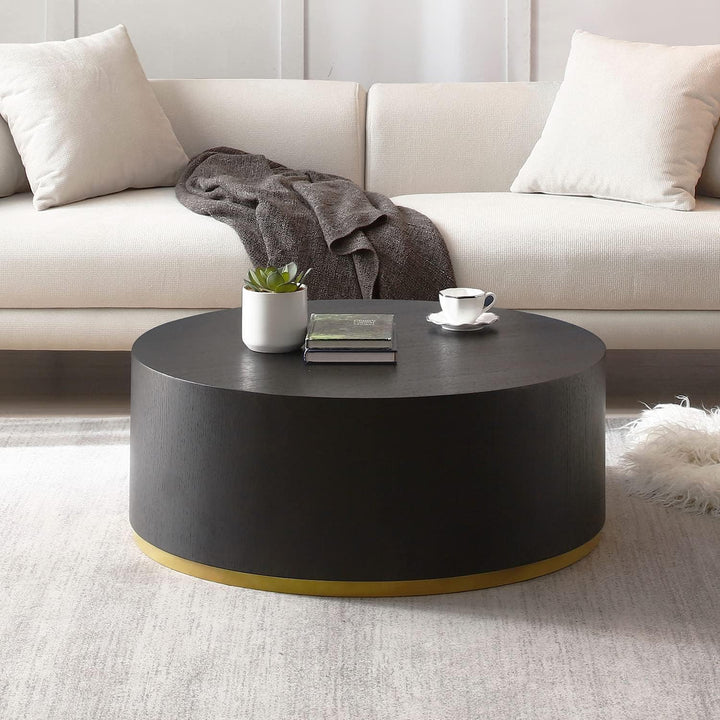 Black and Gold Round Coffee Table, Modern Circle Drum Design