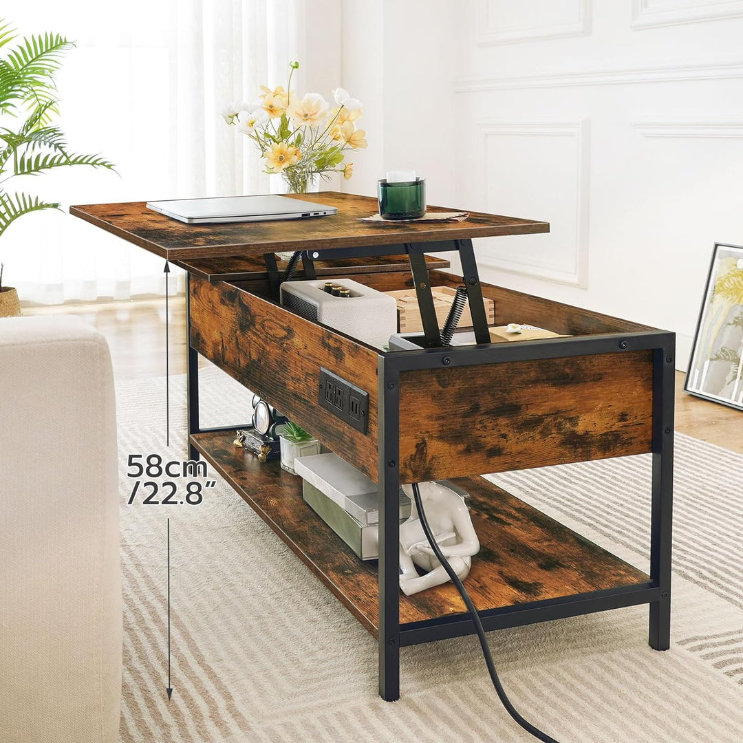 Lift Top Coffee Table with Power Outlet, Charging Station, Rustic Brown and Black