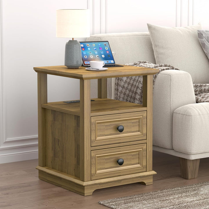 End Table w/ USB C Charging, 24" Sofa Side Table, 2 Drawers