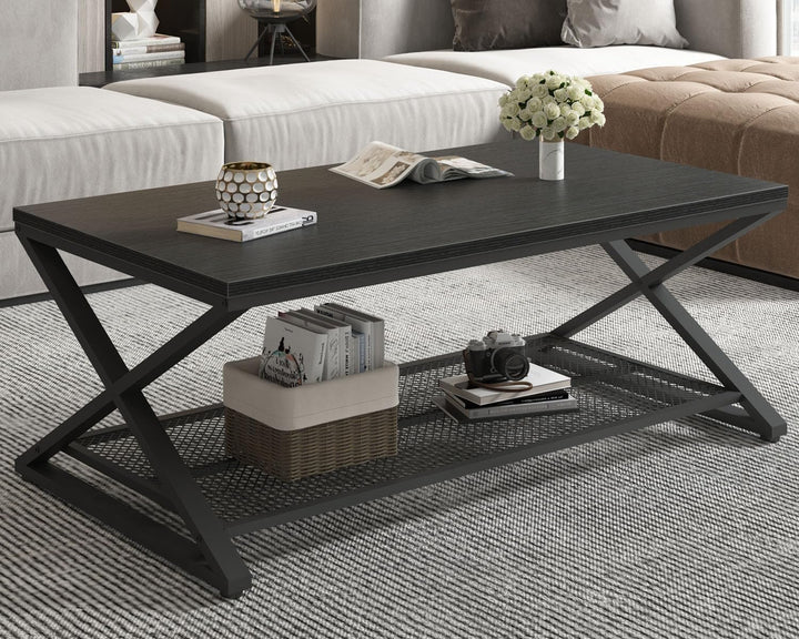 Elegant Black Oak Coffee Table, Modern 2-Tier Center Tables with Storage