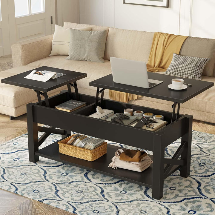 Farmhouse Coffee Table with Lift Top, Hidden Compartment & Shelf, Black