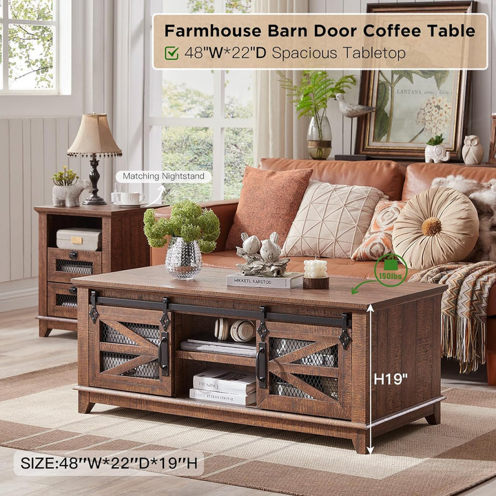 Rustic Coffee Table with Storage, Sliding Barn Doors, Reclaimed