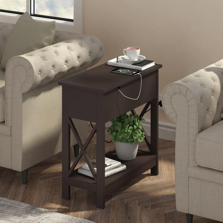 End Table w/ Charging Station, Flip Top Side Table