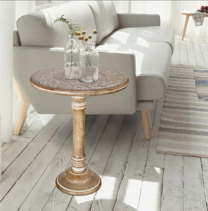 Wooden Pillar Round End Table, Modern Round Wooden Coffee Table