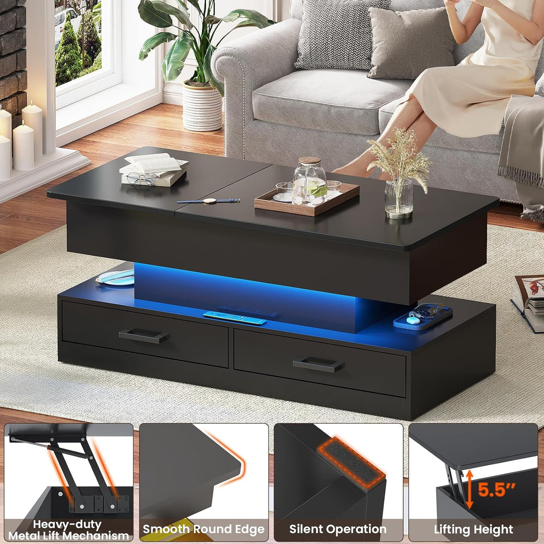 Lift Top Coffee Table with Storage Drawers and LED Light, Black