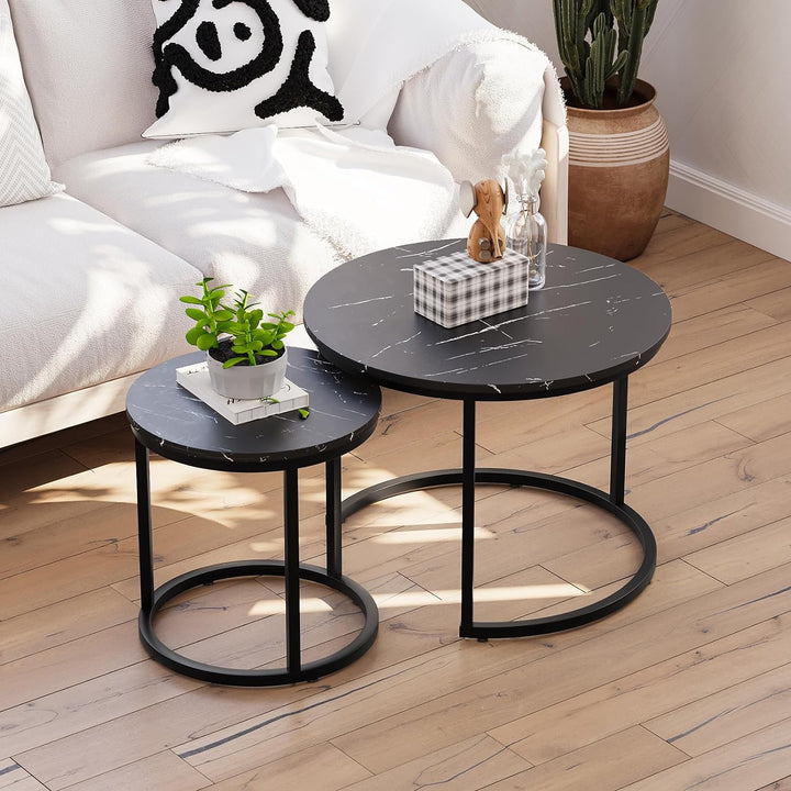 Black Nesting Coffee Table Set, Round Wood Grain Top, Industrial End Tables, Black