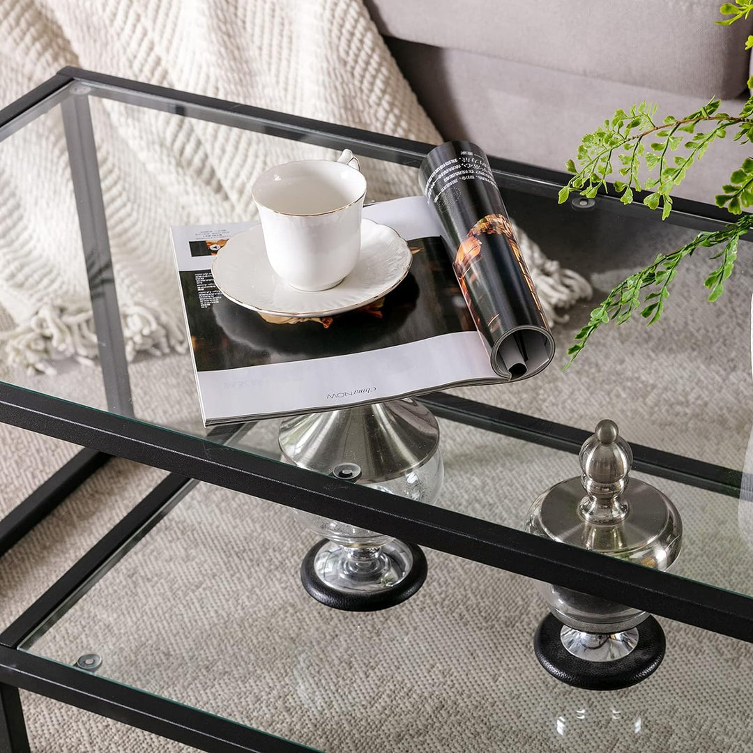 Metal Glass Coffee Table, Black Accent