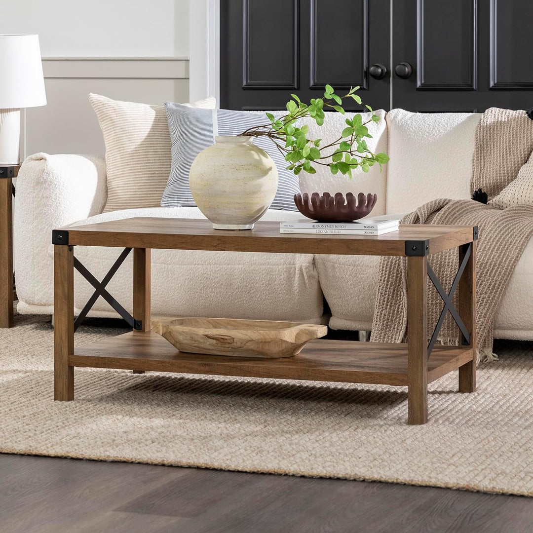 Sedalia Modern Farmhouse Metal X Coffee Table, Rustic Oak