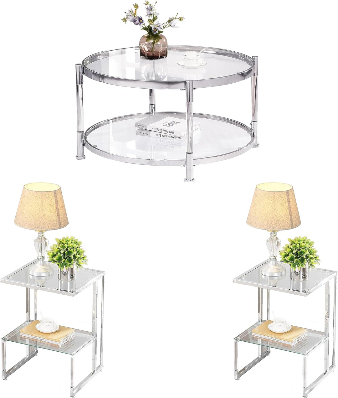 Tempered Glass Coffee & Side Table Set, Modern Acrylic, Gray