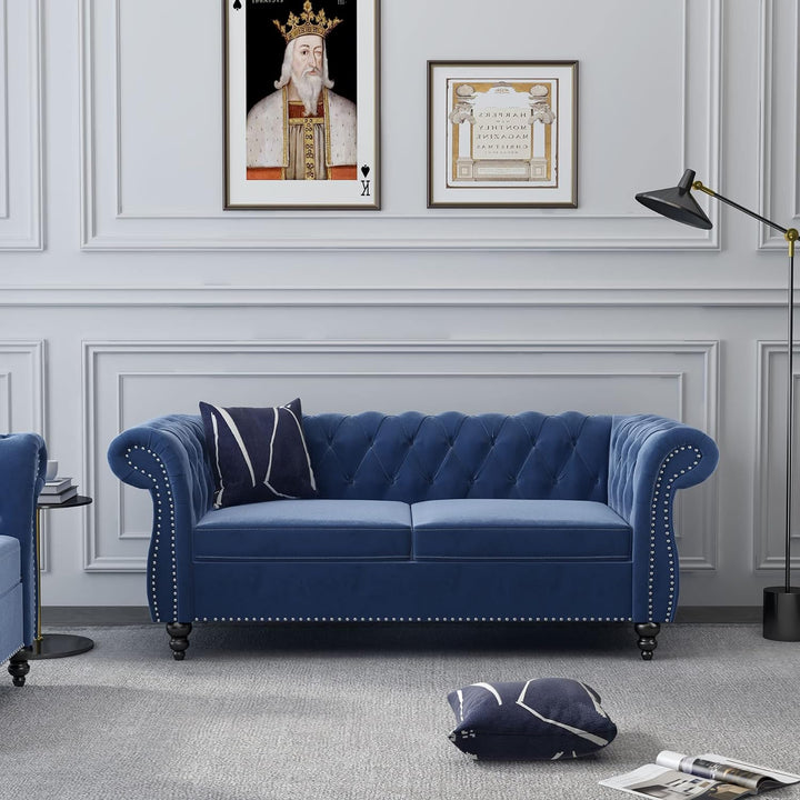 Chesterfield Loveseat, Modern Velvet Sofa Tufted Couch (Blue)