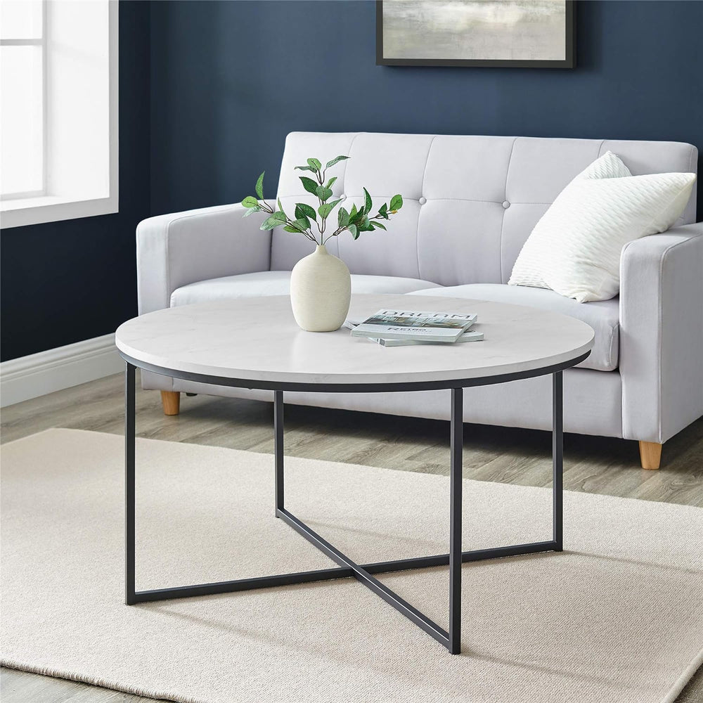 Modern Round Faux Marble Coffee Table with X Base, Marble