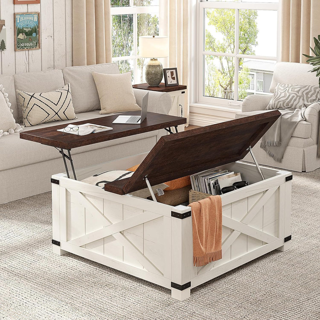 Farmhouse Coffee Table with Hidden Storage, White