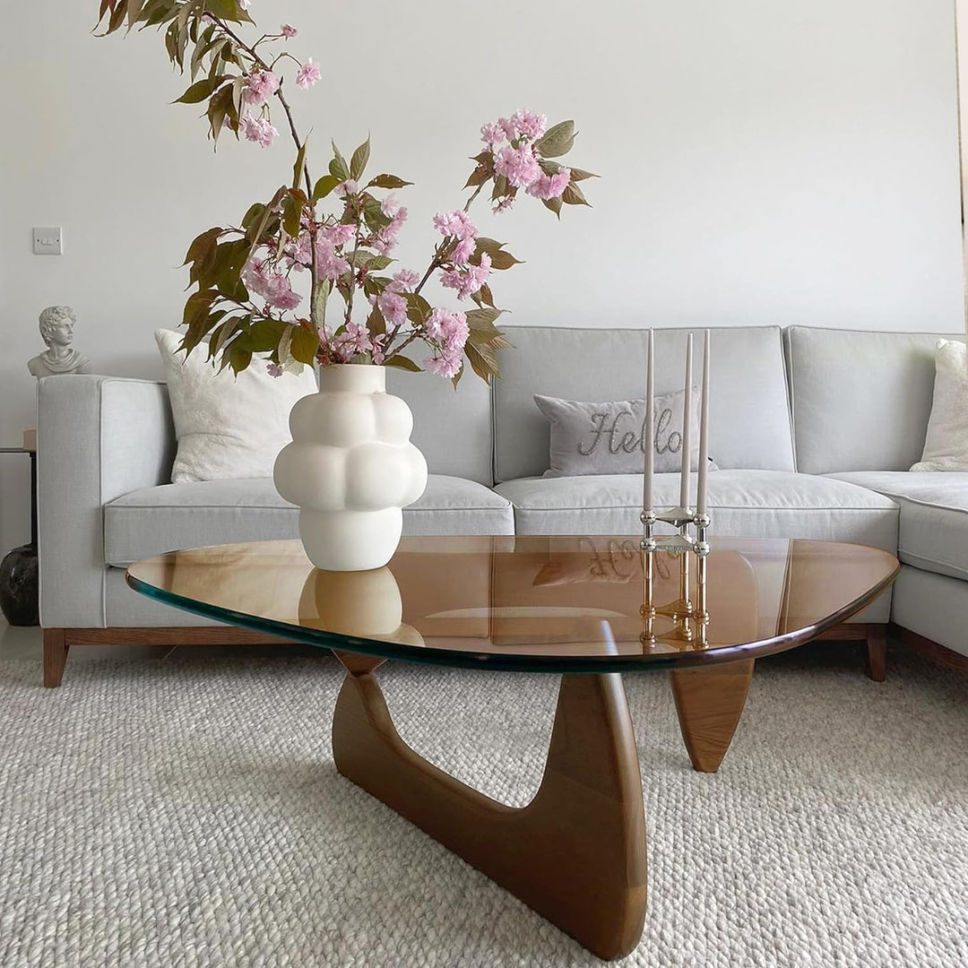 Mid-Century Modern Coffee Table, Triangle Glass Top, Walnut/Brown