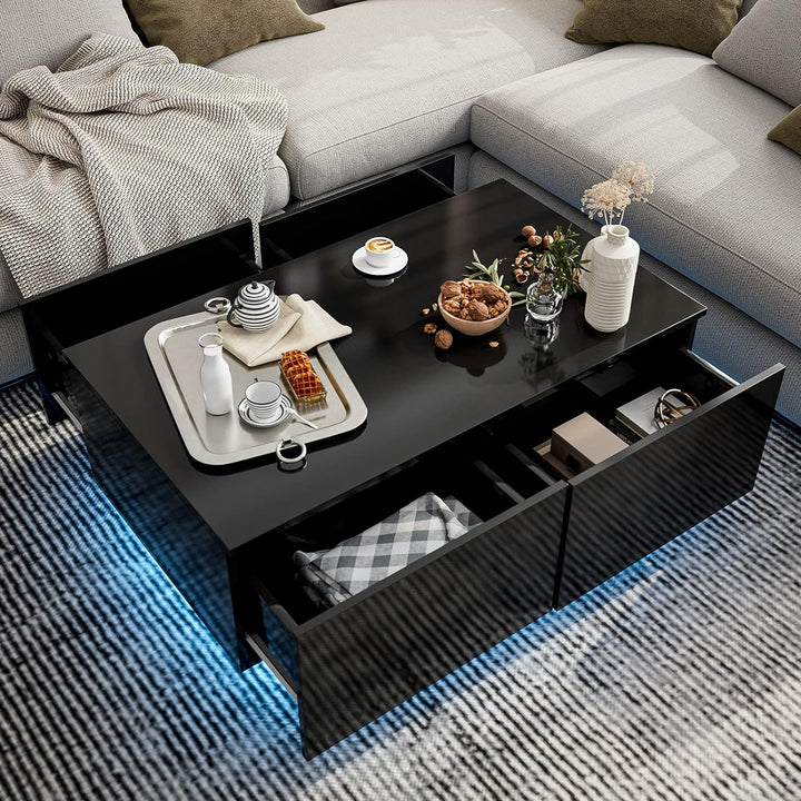 Modern LED Coffee Table with 4 Drawers, Black High Gloss