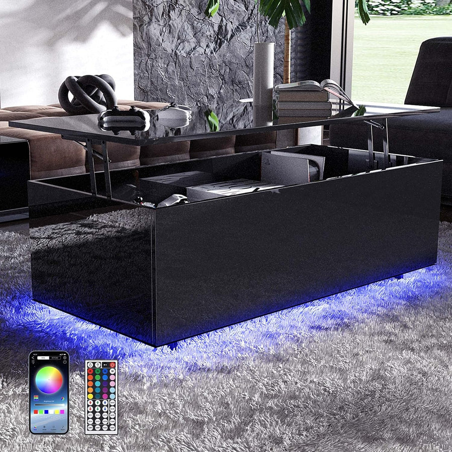 High Gloss Lift Top Coffee Table with LED Lighting, Black