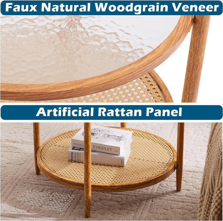 Rattan Coffee Table, Round Water-Wave Glass Metal, Waterwave-round Rattan Walnut