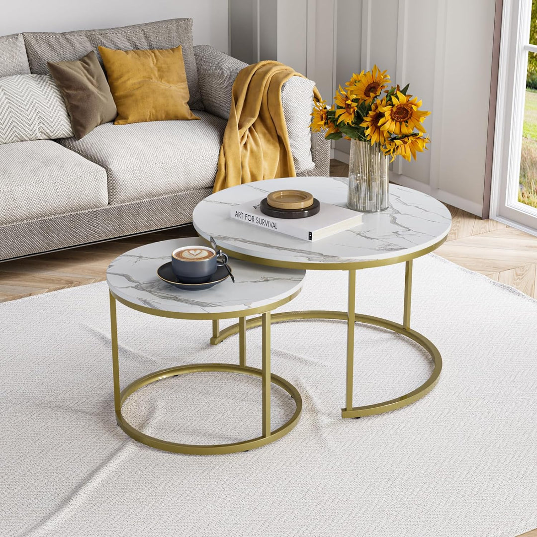 White Nesting Coffee Table Set, Wooden Marble Pattern, Adjustable Feet