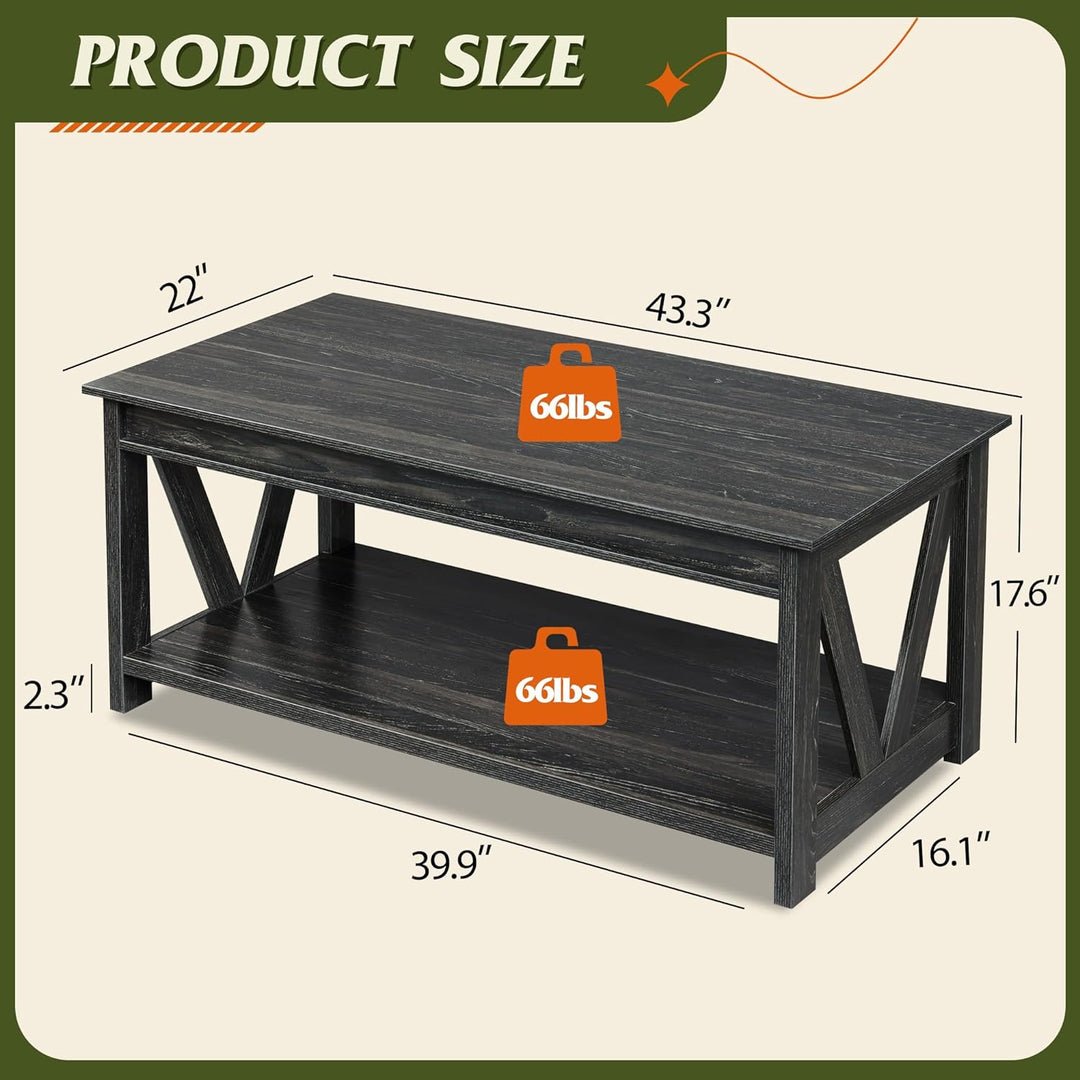 Farmhouse Coffee Table with Storage, 43-inch Wood Center Table, Charcoal Black