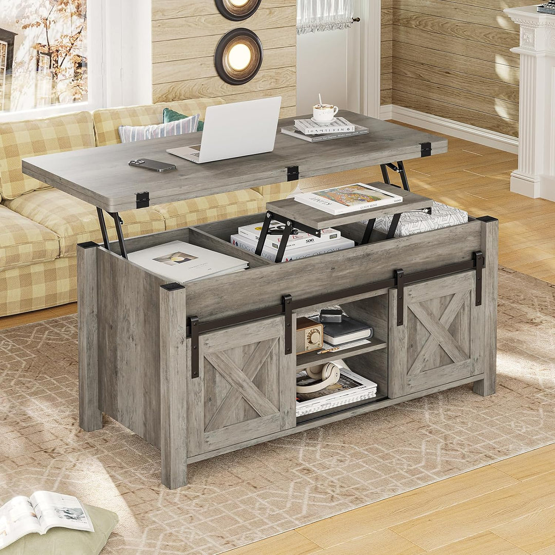 Lift Top Coffee Table, Convertible 4-in-1 Farmhouse, Grey