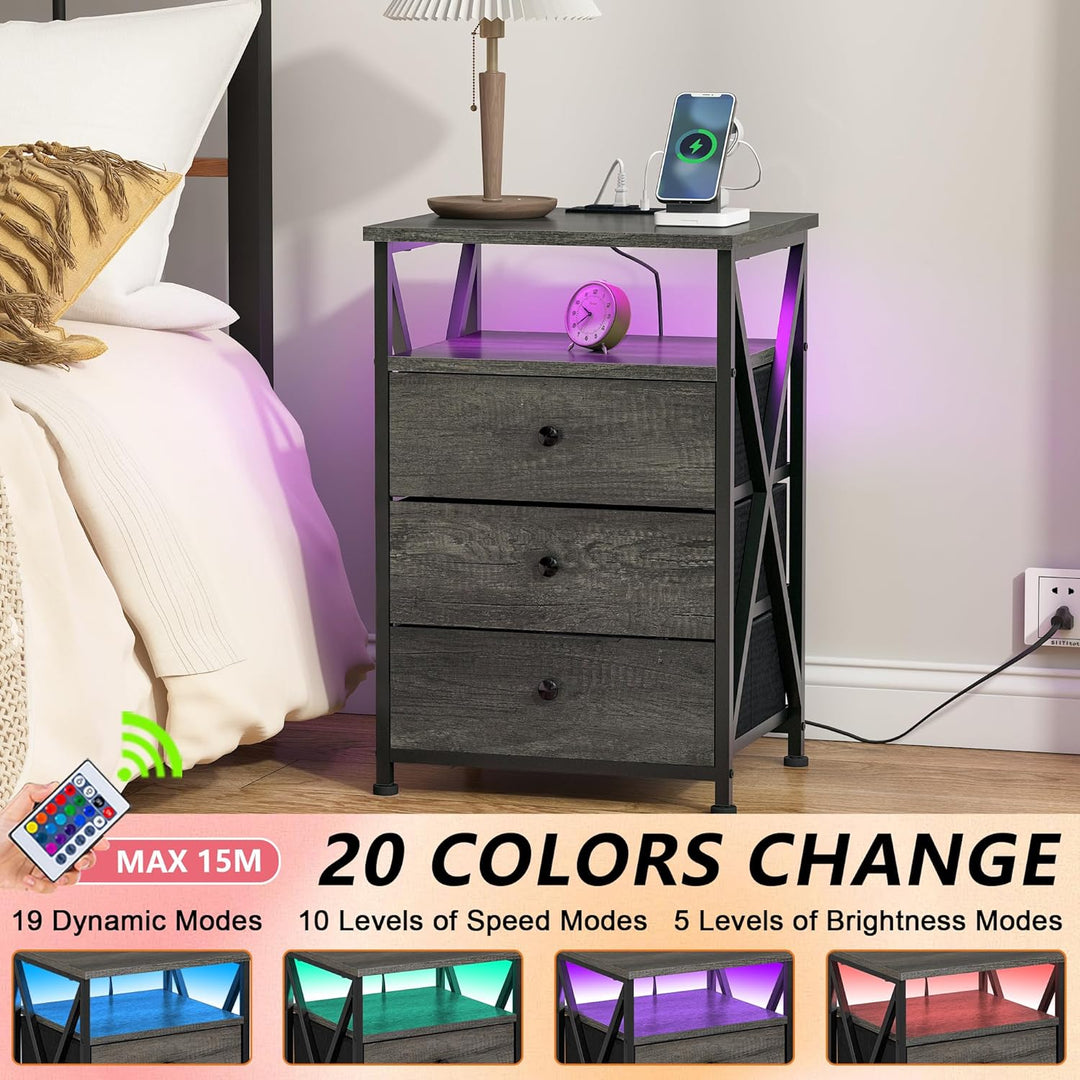 LED Nightstands Set of 2 with Charging Station, Dark