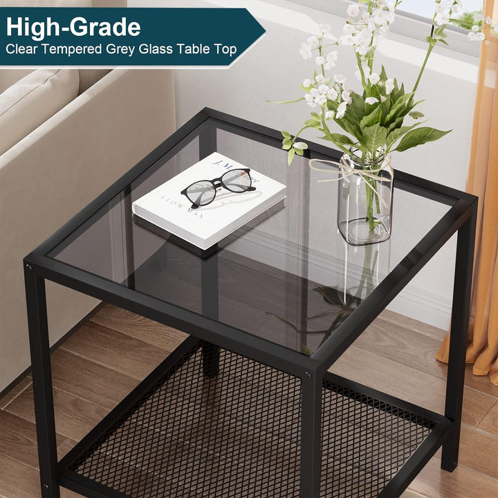 Small Glass End Table with Mesh Shelf, Modern Nightstand, Grey Black