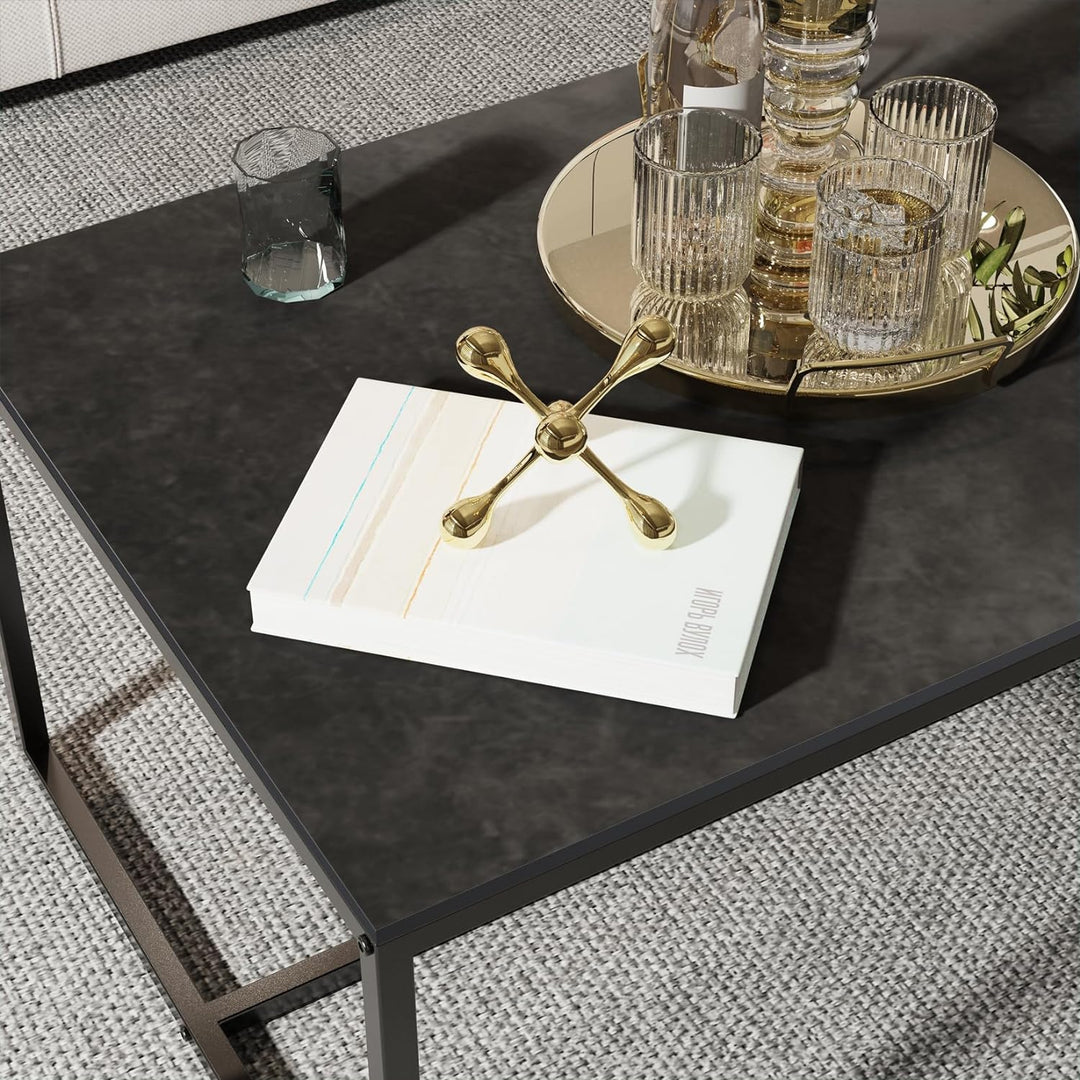 Sintered Stone Coffee Table with Black Metal Frame, Black