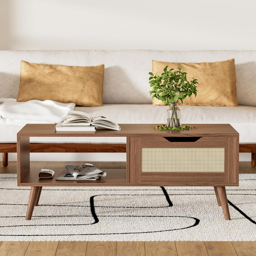 Rustic Rattan Coffee Table, Mid-Century Modern, Brown