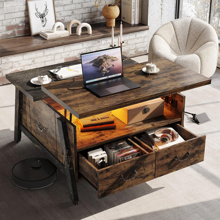 Bestier Lift Top Coffee Table with LED Lights, Storage Drawers, Rustic Brown