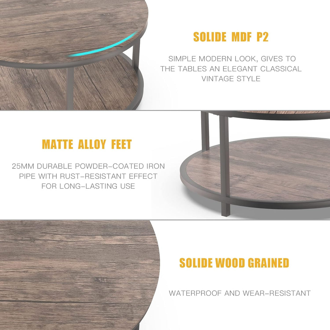 Round Coffee Table, 2-Tier Rustic Wood Desktop, Modern Design Accent Center Table (Walnut)