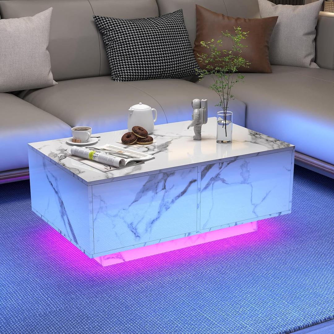 Modern High Gloss Coffee Table with LED Lighting, White Marble