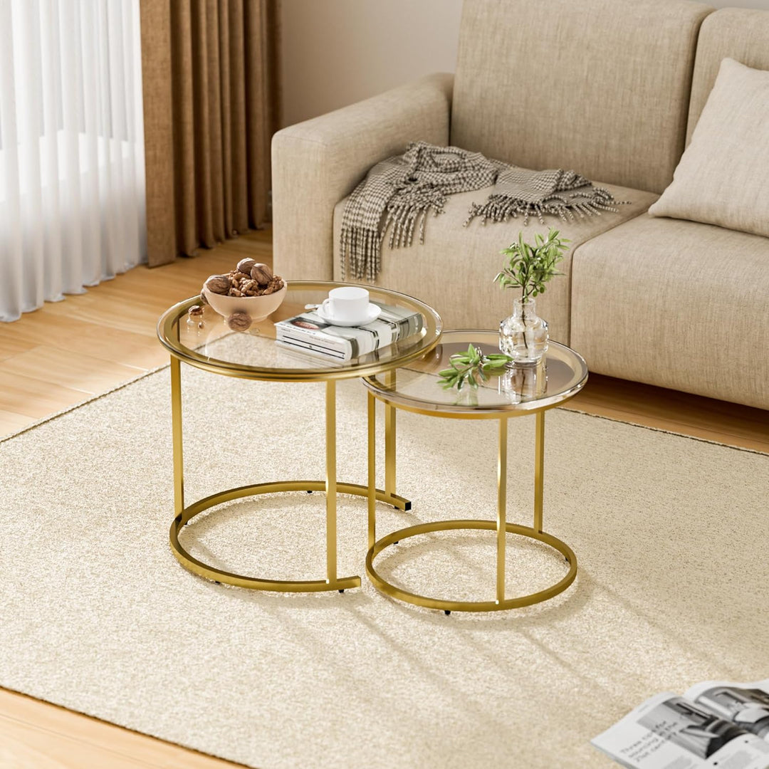 Nesting Round Coffee Table Set, Stacking Side Tables with Glass Tabletop and Golden Metal Frame