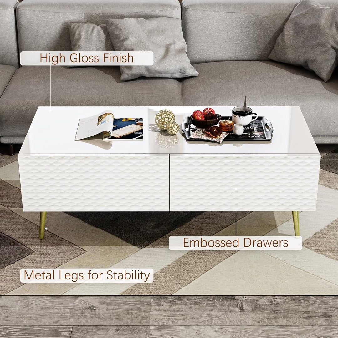 Modern Rectangular Coffee Table with Drawers, White