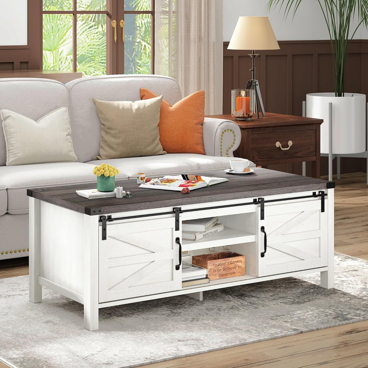 Farmhouse Coffee Table with Hidden Storage, Sliding Barn Doors, White Brown