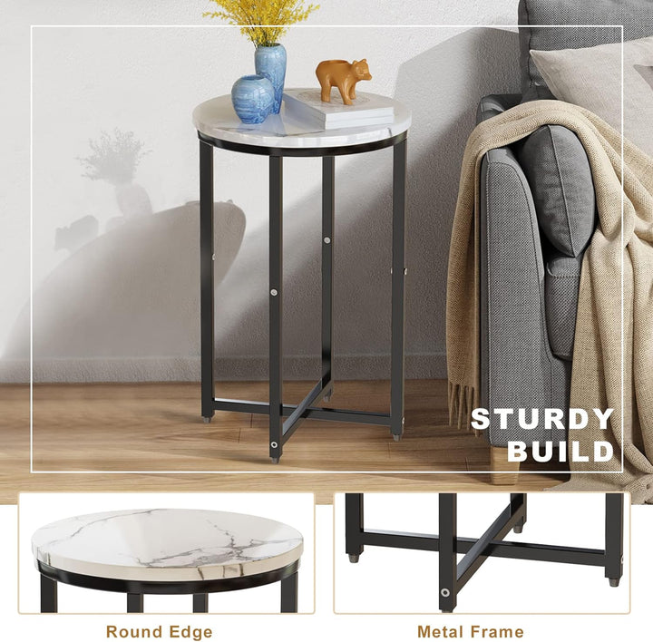 Faux Marble Coffee Table Set with Round End Tables, Metal Frame