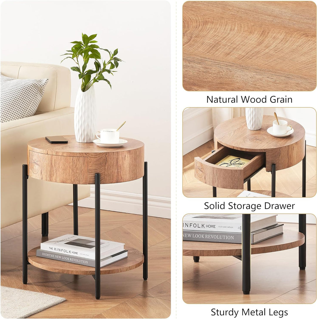 2-Tier Round End Table Wood Design Drawer