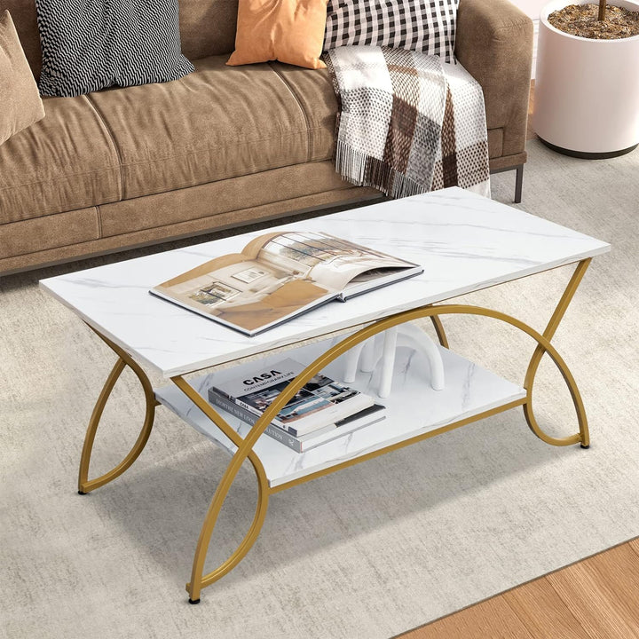 GOFLAME Modern Coffee Table, Rectangular Center Table, White Gold