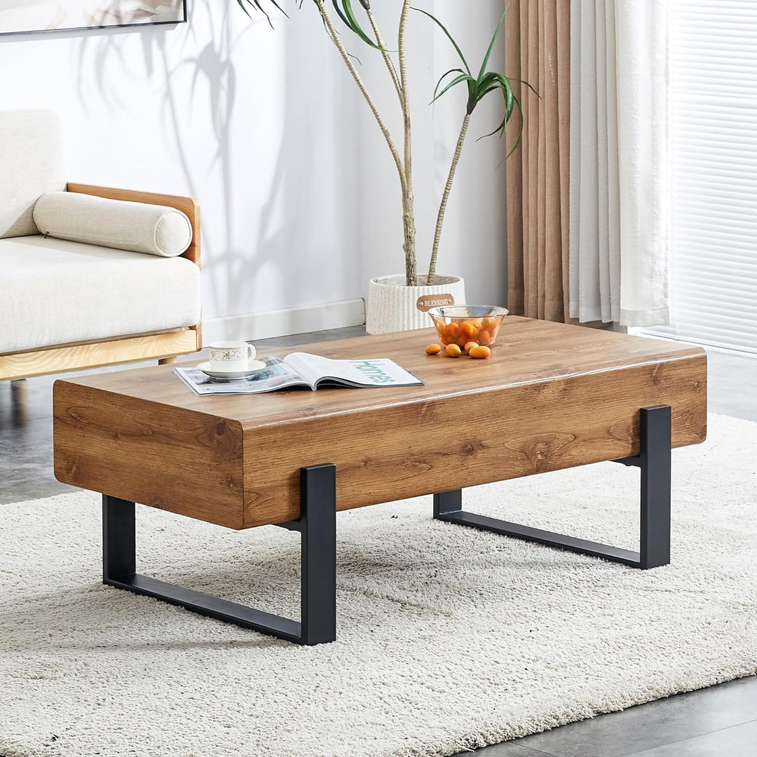 Modern Walnut Wood Rectangular Coffee Table, Black Metal Legs