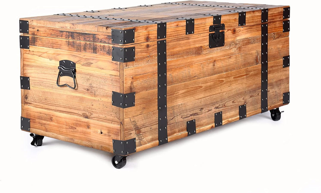 Rustic Wood Storage Trunk Coffee Table, Lift Top, Black Accents