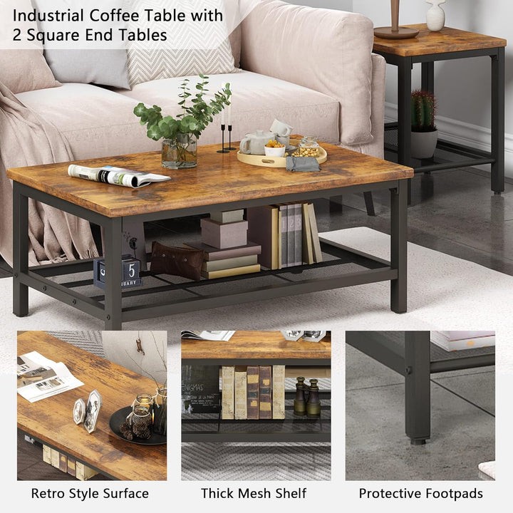 Rustic 3-Piece Living Room Table Set, Industrial Coffee Table with End Tables, Apartment Home Office Furniture, Rustic Brown