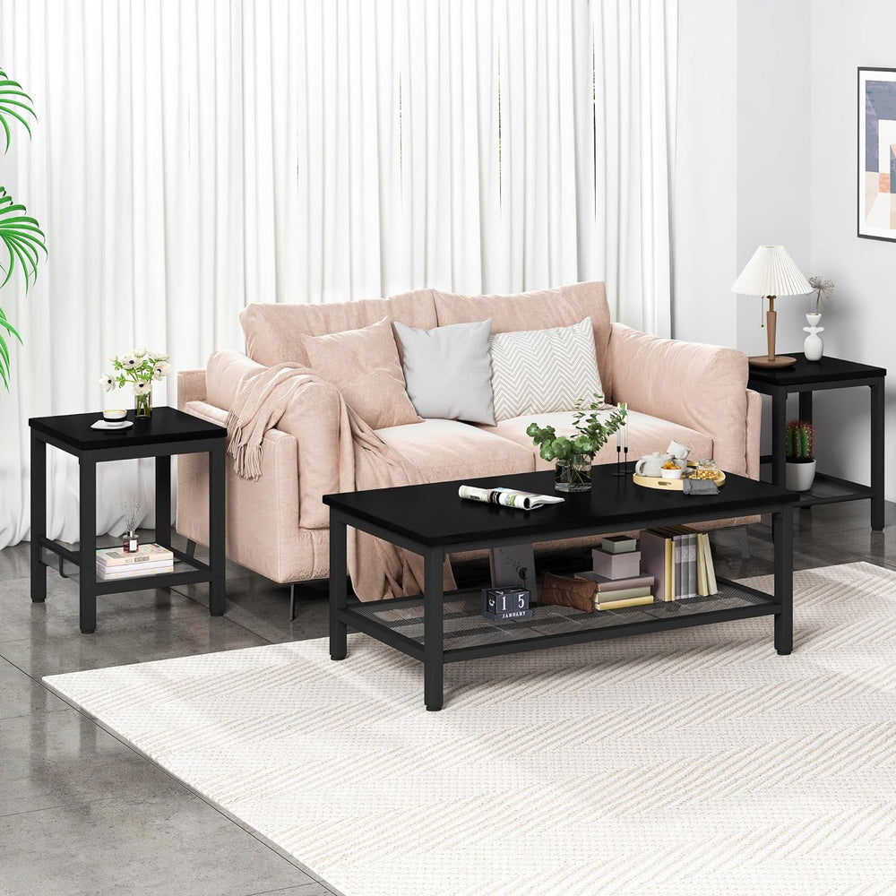 Stylish 3-Piece Coffee Table Set, Industrial Design, Black